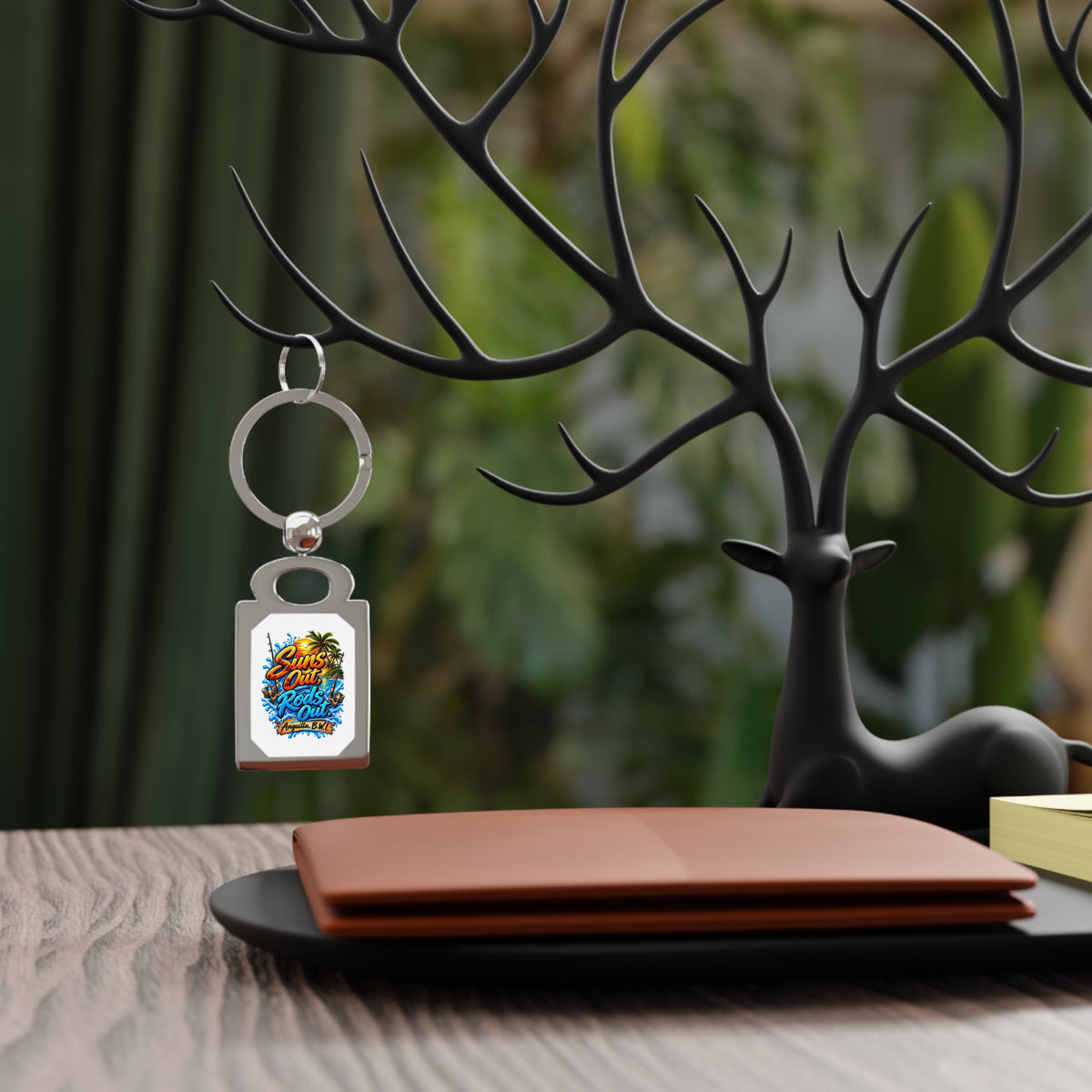 Beach Vibes Rectangle Photo Keyring — "Suns Out, Rods Out" Tropical Fishing Keychain