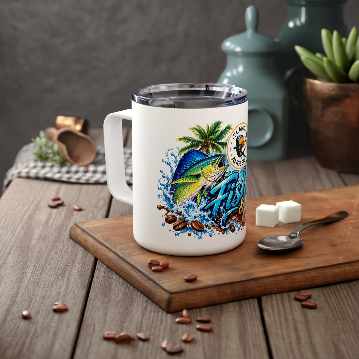 Fish & Sip Insulated Coffee Mug – Island Angler 10oz Travel Tumbler