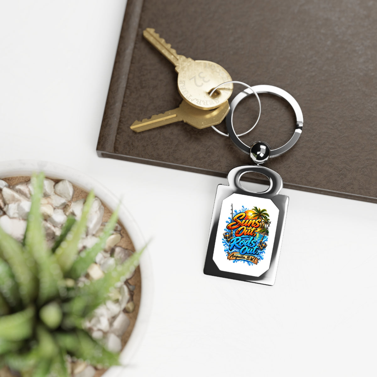 Beach Vibes Rectangle Photo Keyring — "Suns Out, Rods Out" Tropical Fishing Keychain