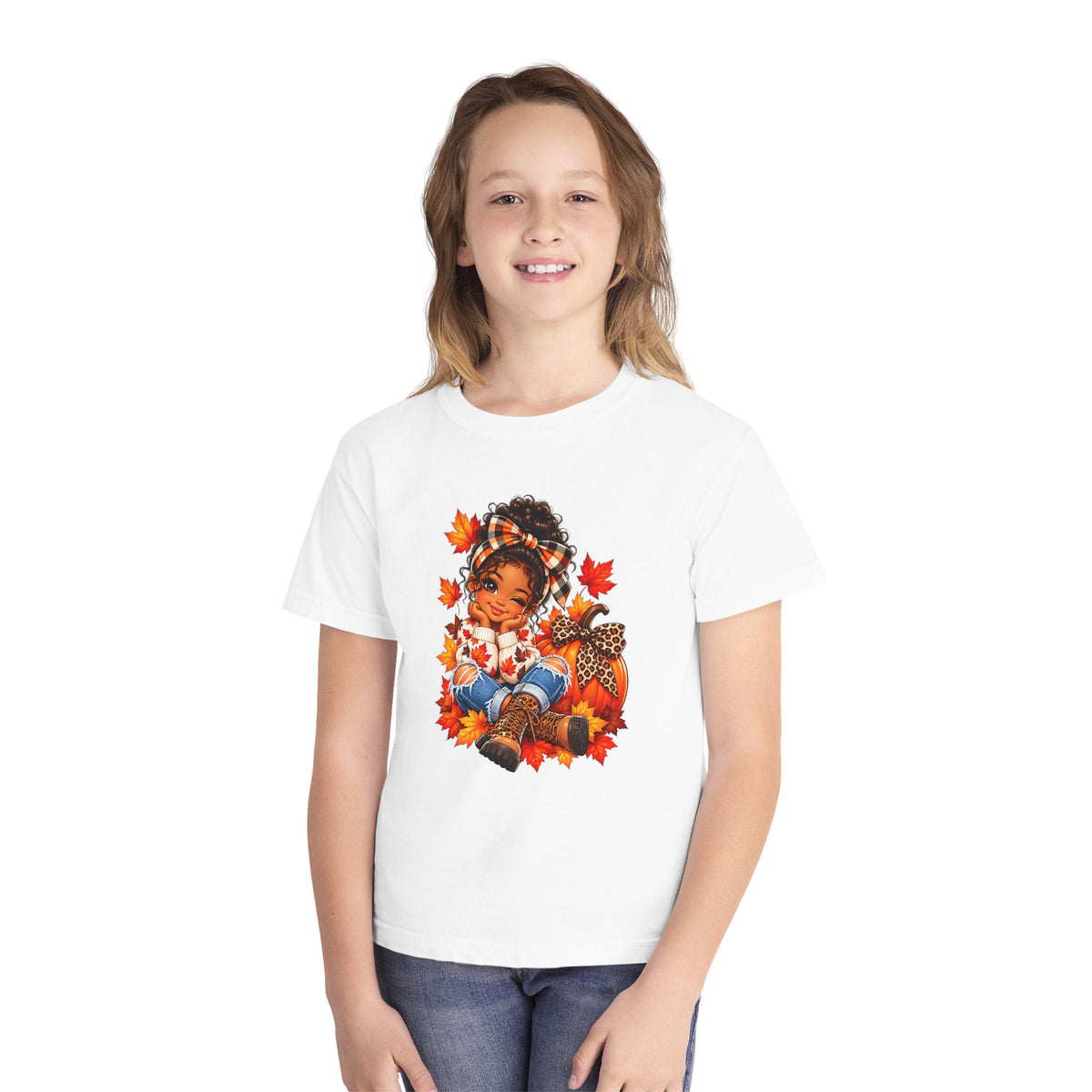 Youth Tee — Cute Autumn Girl with Pumpkin & Leaves